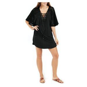 DOTTI Women's Black Lace-up Eyelet Tunic Deep V Neck Swimsuit Cover Up Small NWT